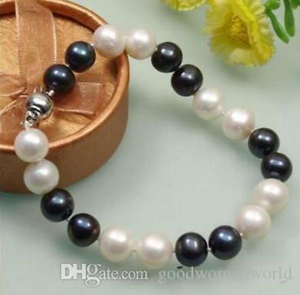 

new real fine pearl jewelry beautiful 7.5"-8" 9-10mm south sea white black pearl bracelet 14k clasp