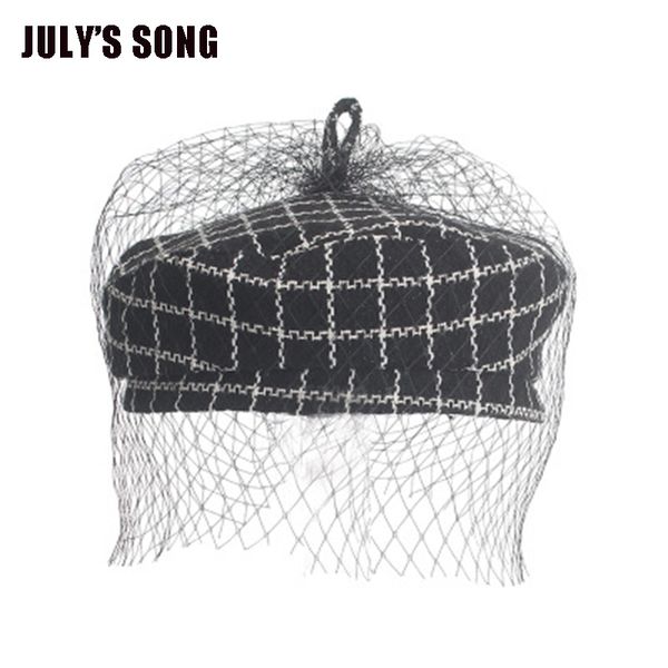 

july's song winter and spring beret female mesh gauze flat caps for girls painter bonnet solid ladies with veil for wedding, Blue;gray