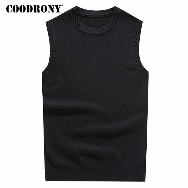 

coodrony o-neck sleeveless vest sweater men winter thick warm cashmere sweaters plus size pull homme 100% merino wool vests 7343, Black;white