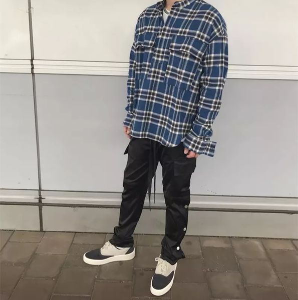 

europe and america high street trend round hem high street loose red and blue lattice henry collar plaid shirt, White;black