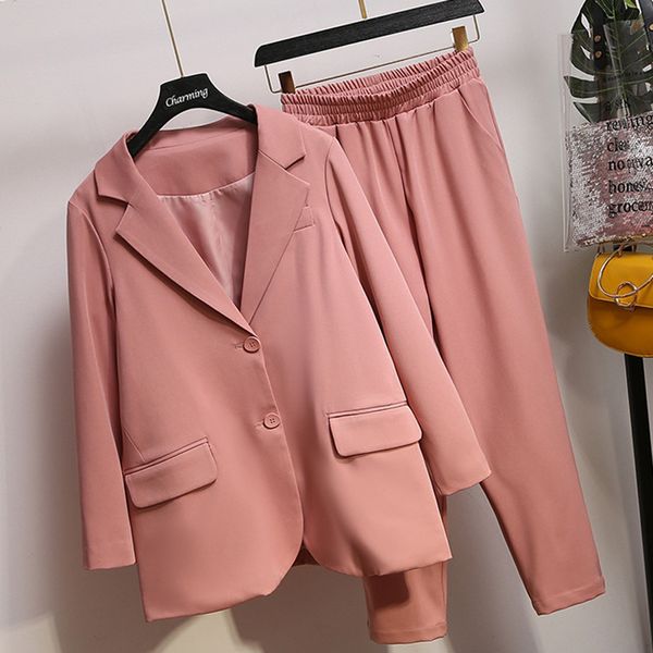 

2019 autumn vintage double breasted women pant suit notched blazer jacket & high waist pant office wear plus size women suit, White;black