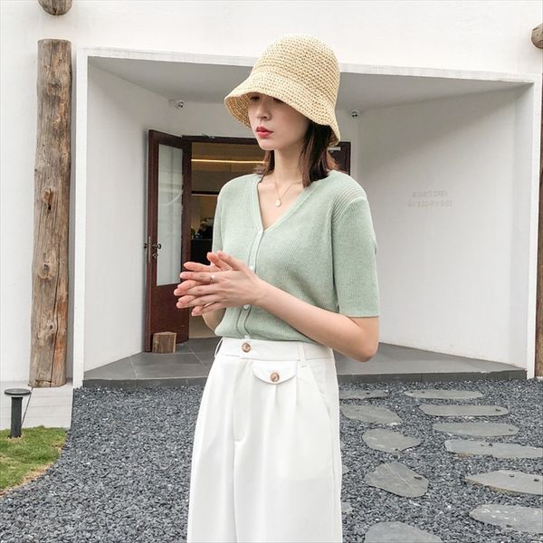 

ge ming 2020 summer clothing t-shirt clothing pit striped knitted cardigan v-neck t-shirt women's short sleeve w071f, White