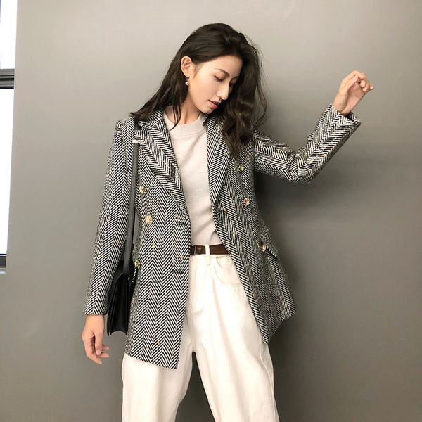

women's elegant woolen suits jacket loose stripe casual long double-breasted suit jacket blazer fenimino bomber, White;black