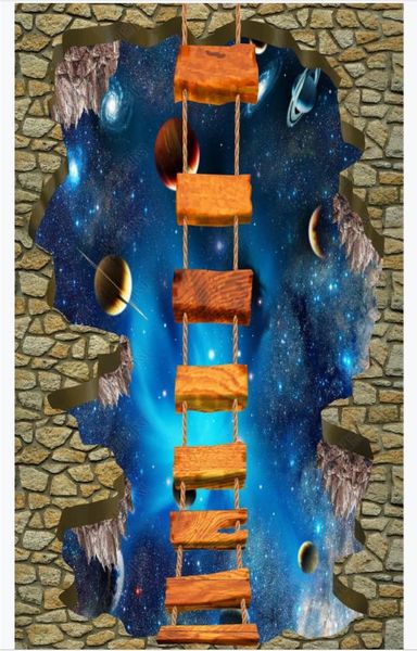 

custom 3d self-adhesive floor mural wallpaper interior decoration cosmic starry floating plank bridge 3d bedroom waterproof floor painting