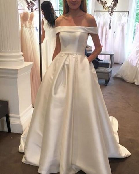 

simple a-line white wedding dresses 2019 short sleeves bridal gowns satin long garden vestidods de mariee plus size