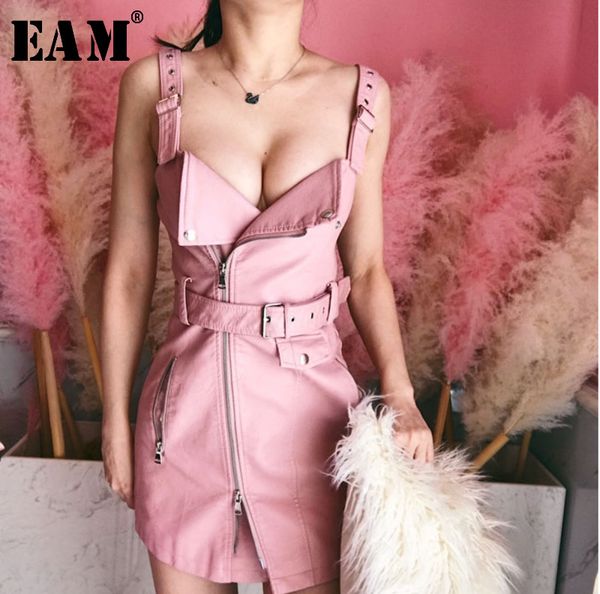 

eam] 2020 новая весна лето ремень сыпучие pu пояса без бретелек молния карманы вскользь выше колен платье женщины мода tide ob138, Black;gray