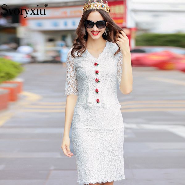 

svoryxiu elegant white lace two piece set women's v neck rose button blouse + package buttocks skirts runway skirt suits, Gray