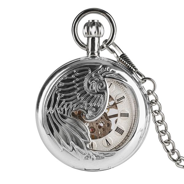

necklace pocket watch for man,mechanical silver feather carving pocket watches for boys, silver dial chain men's watches, Slivery;golden