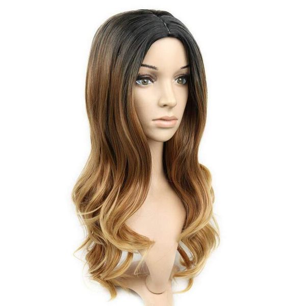 

the selling european and american ladies fashion wigs gradient color small volume black and yellow medium long curly chemical fiber wig