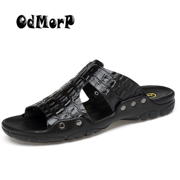 

odmorp men sandals new fashion summer slippers casual beach shoes sandals big size split leather men flip flops, Black