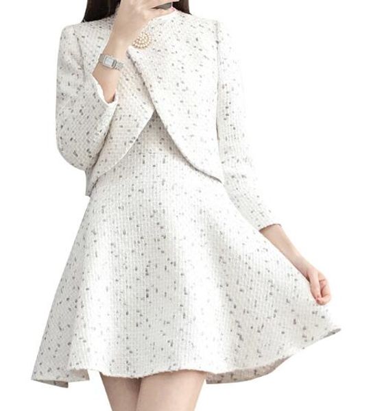 

2020 autumn winter tweed 2 piece set suit women elegant pearl beading short jacket wool blend sleeveless vest dress dv67, White;black