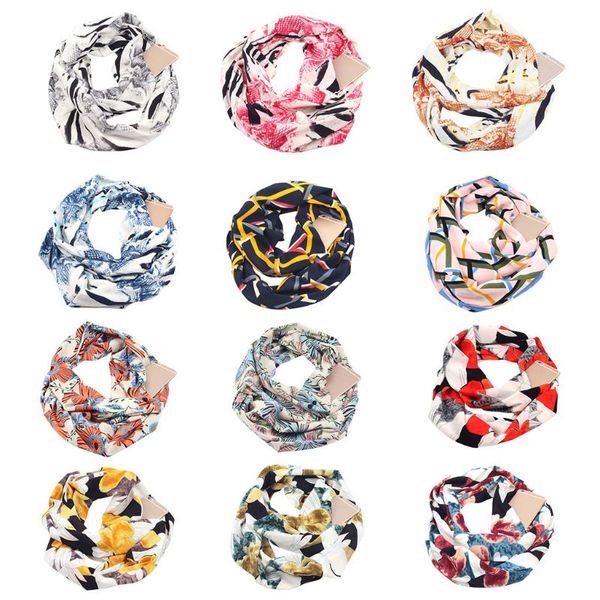 

womens double layer hidden zipper pocket infinity loop scarf boho style floral geometric striped printed contrast color winter, Blue;gray