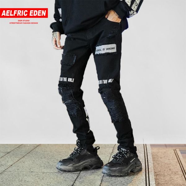 

aelfric eden knee eversion ripped big hole mens joggers pants patchwork half zipper hip hop casual male pants elastic streetwear, Black