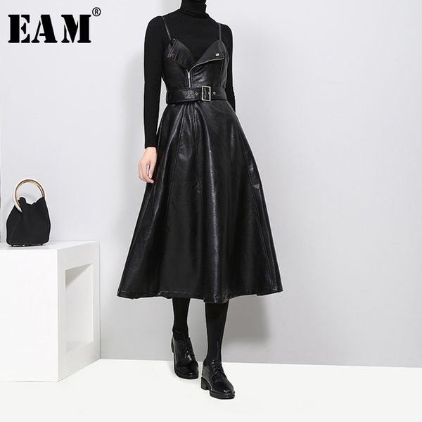 

eam] 2020 new autumn winter solid color strapless black pu leather high waist belt zipper loose dress women fashion tide jd032, Black;gray