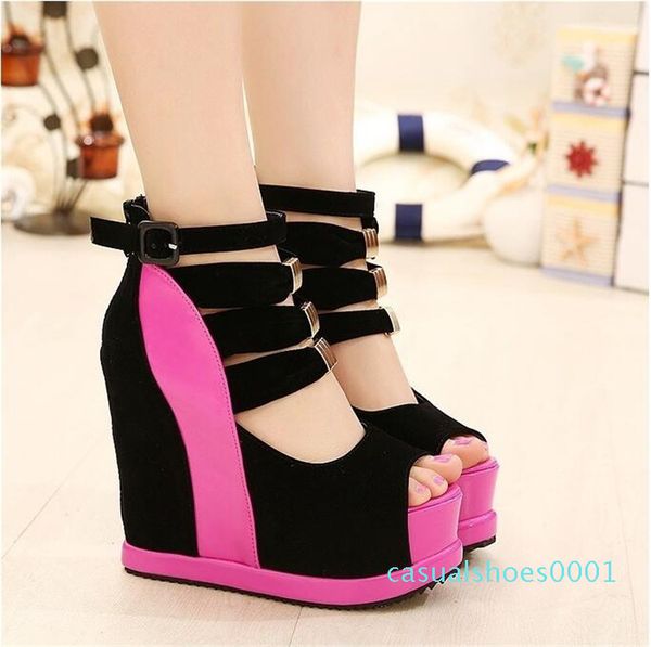 

europe united states big brand wedges sandals fashion personality spell color platform shoes fish mouth buckle rome shoes female c01, Black