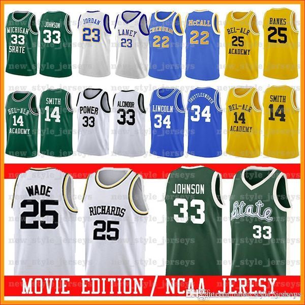 

bel-air academy movie jersey 25 carlton banks 14 will smith laney michael michigan state spartans 33 earvin johnson college basketball 2020, Black