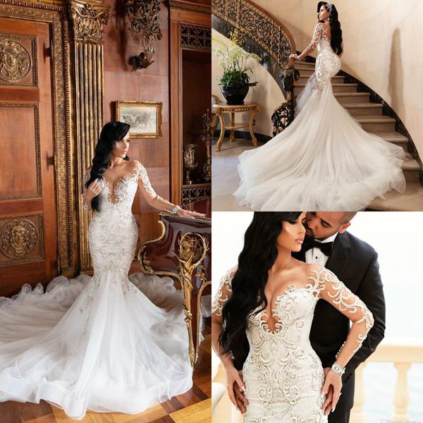 

saudi arabia vintage wedding dresses scoop neck long sleeve lace applique beaded bridal gowns plus size ruffles sweep train robes de mariée, White