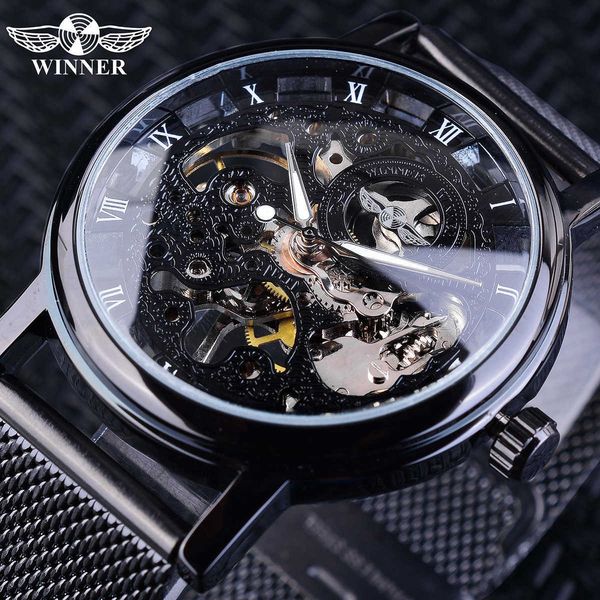 

winner stainless steel mesh band transparent classic thin case hollow skeleton mens male mechanical wrist watch brand luxury cj191213, Slivery;brown