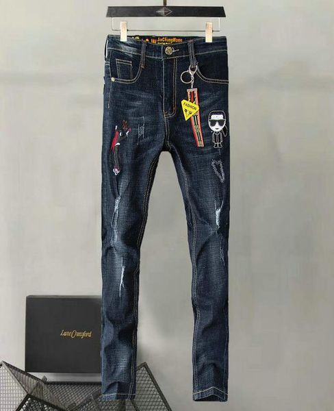 

new men's jeans distressed locomotive cowboy slim motorcycle motorcycle denim jeans 2019 fashion designer pants, Blue