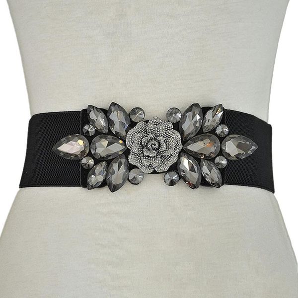 

new fashion waist strap wedding party women fashion floral buckle rhinestone elastic wide clinch belt, Blue;gray