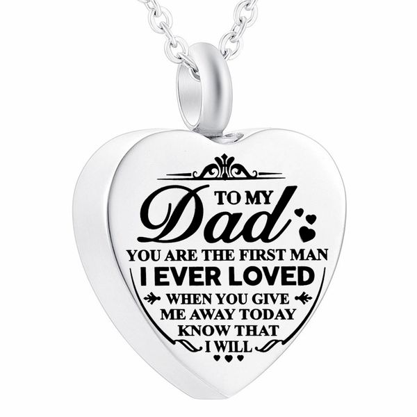 

heart urn necklace cremation jewelry for ashes -engraved to my dad you are the first man i ever loved, Silver