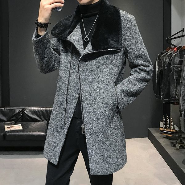 

men winter wool trench coat men long casual coats casual mens overcoat fur collar keep warm fashion jackets black gray clothing