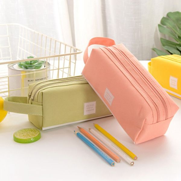 

pencil bag canvas large capacity double layer simple solid color small fresh pencil case with zipper organizers