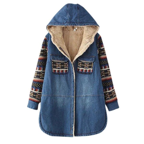 

yiwa women denim jacket winter long sleeve parkas denim coat thicken fleeced outwear female thick warm faux jacket overcoat, Black;white