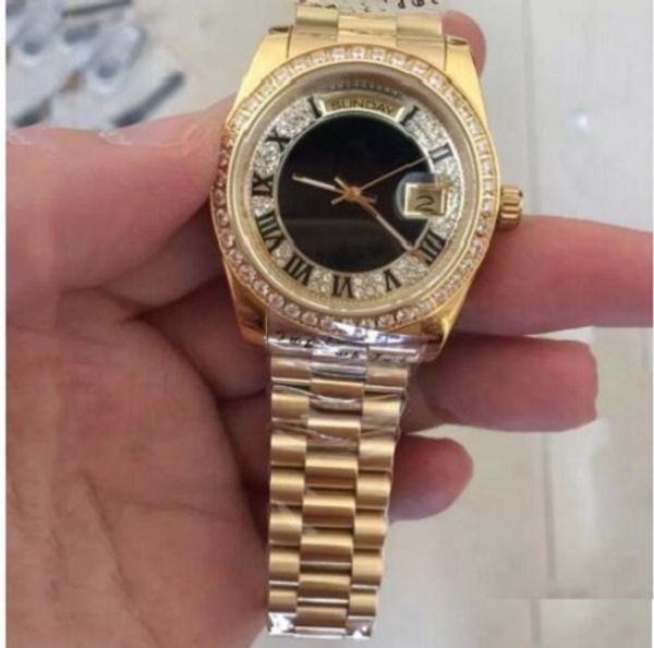 

mens watches golden 18k gold day-date men automatic watch full diamond face sapphire original strap mens watches 36mm, Slivery;brown