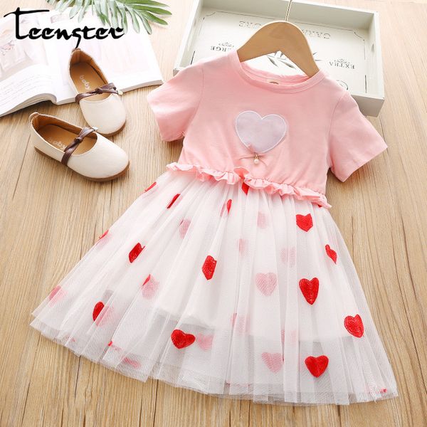 

teenster summer kids clothes vestidos love embroidery mesh patchwork dress little girls costume short sleeve princess dress, Red;yellow