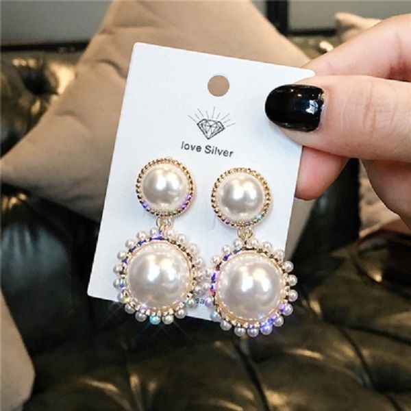 

vintage exaggerated classic elegant pearl pendant stud earrings for women girls fashion luxury designer silver post, Golden;silver