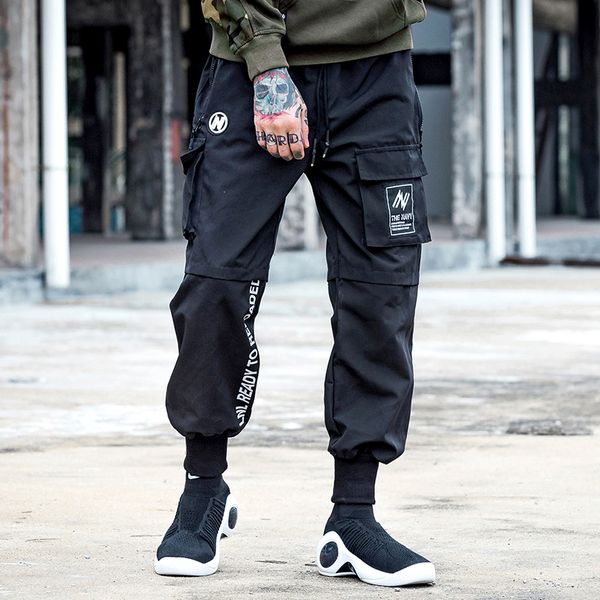 

2019 ninth pants elastic waist cargo black pants street ankle banded hip hop casual fashion cargo