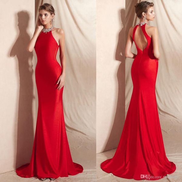 

elegant mermaid evening dresses long 2019 halter crystal sleeveless red evening gowns for women evening dress prom dresses