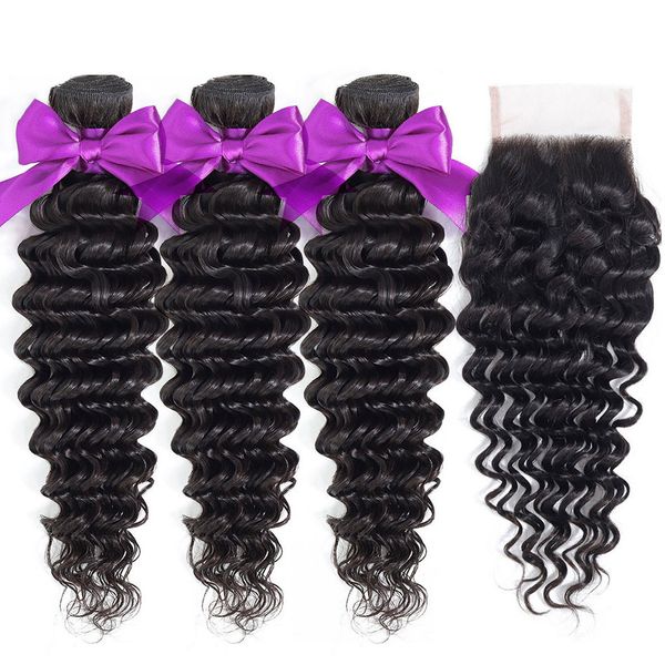 

пучки человеческих волос глубокой волны с закрытием бразильские волосы переплетают пучки с закрытием шнурка 4x4 nautral цвет 8-30 двойные ут, Black;brown