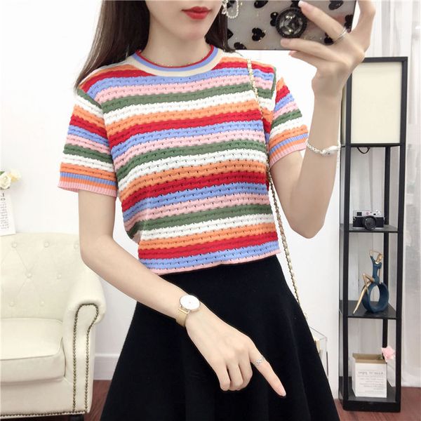 

2020 new summer women ice silk knitted short sleeve t-shirt female rainbow stripped slim leisure streetwear tees shirt s34, White