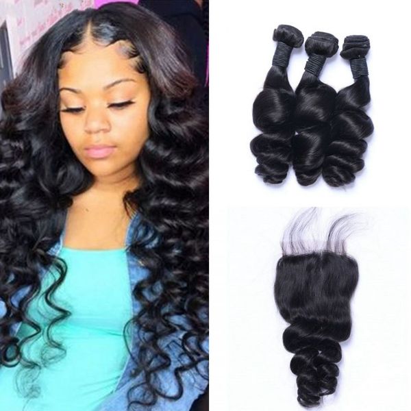 

камбоджийская сыпучая волна связка человеческих волос с closure дешевой девой волосом weave 3 связкой с 4x4 lace closure, Black;brown