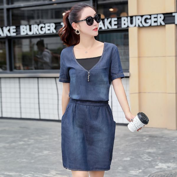 

summer 2019 korean denim female dress with short sleeves loose large size v-neck thin dress for women plus size, Black;gray