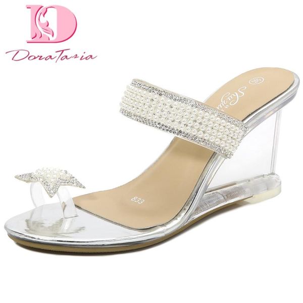 

doratasia new crystals big size 43 clear high heels summer flip flops sandal mules wedges pumps women shoes woman, Black