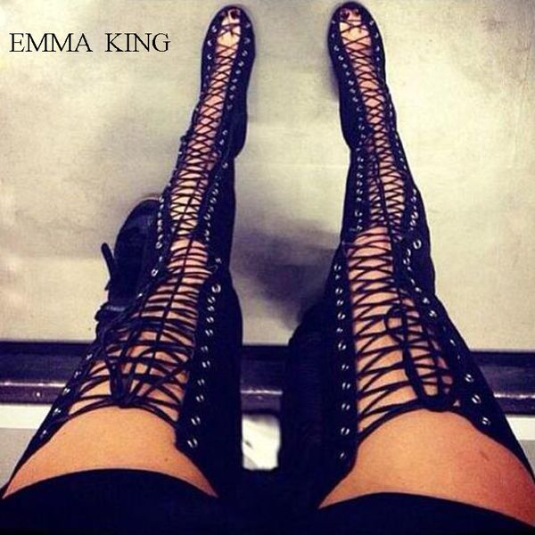 

black thigh high riding boots hollow out cross-tied over knee boots women stiletto heels open toe zipper long women shoes