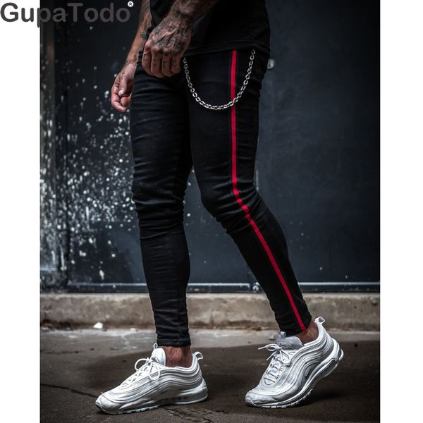 

gupatodo mens stretch denim pants slim fit zipper jeans trousers, Black