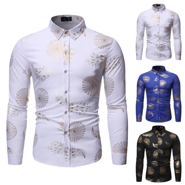 

2019 man long sleeve casual shirts autumn sales men's new style fashion stamped long sleeve shirt printed long-sleeved shirt, White;black
