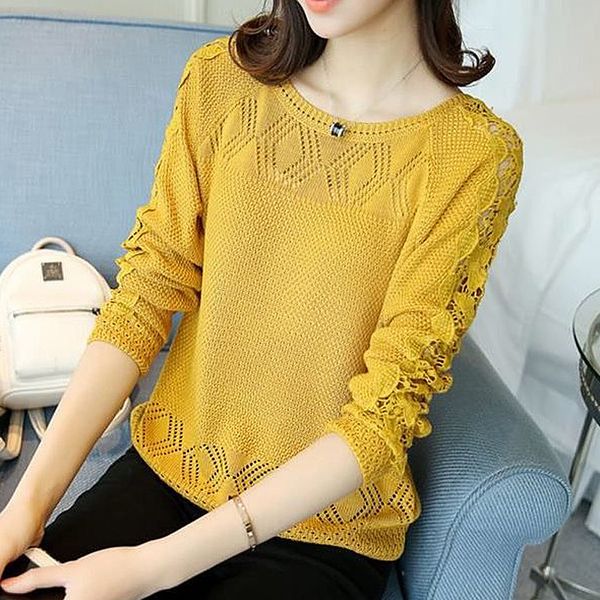 

women's sweaters spring openwork thin sweater, korean loose long sleeve round neck pullover blouse, White;black