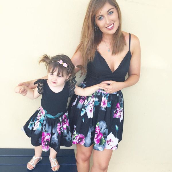 

mother & daughter lace floral dresses outfits summer family matching dress, Blue