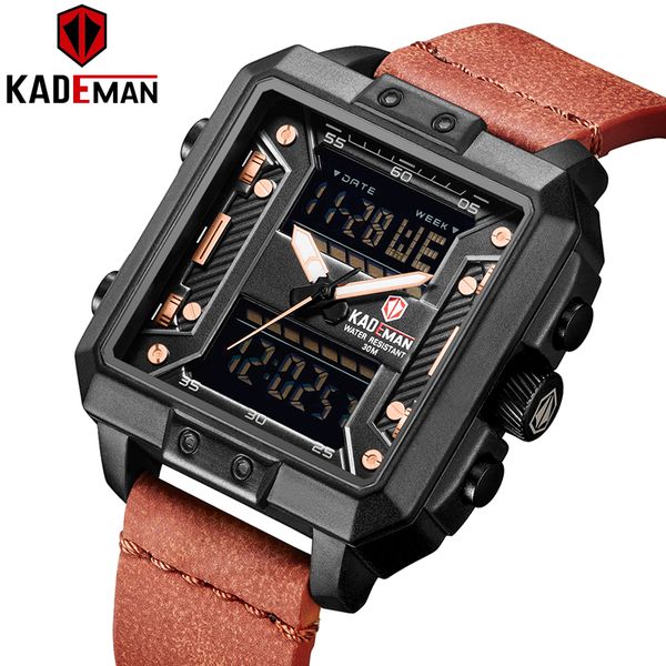 

kademan men business watch dual display leather strap wristwatch quartz week date relogio masculino k6153, Slivery;brown