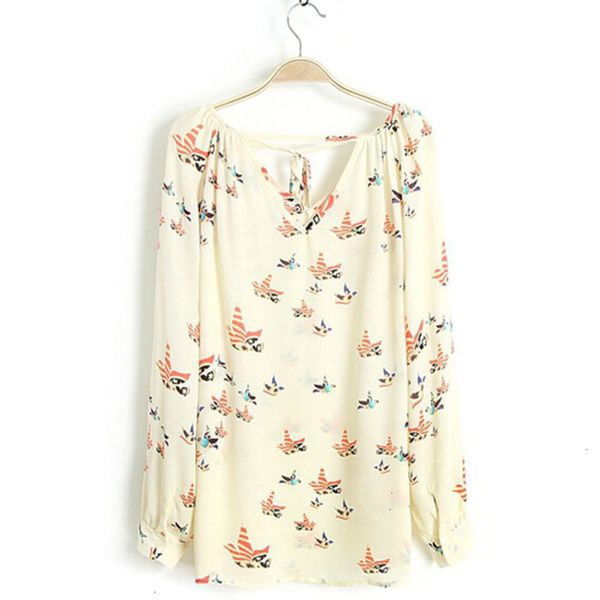 

designer chiffon blouses fashion womens chiffon regular long sleeve v neck dove printed casual loose shirt female stylish, White