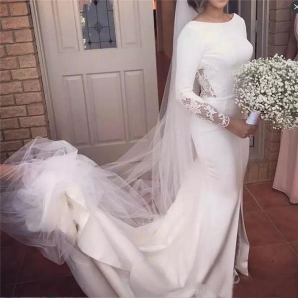 

long sleeves mermaid wedding dresses 2019 beach wear lace and satin backless wedding dress simple front split bridal gowns, White