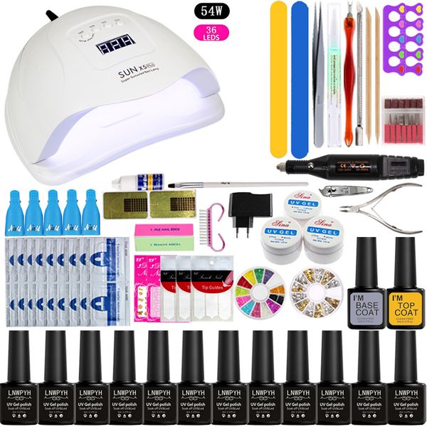 

full manicure set with lamp nail kit 36w/48w/54w uv led lamp for nail art sets 12pcs uv gel polish set tools for manicure