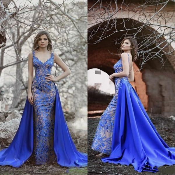 

тони чайя 2019 русалка вечерние платья со съемным поездом королевский синий v шеи выпускного вечера платья кружева аппликация платье партии, Black;red