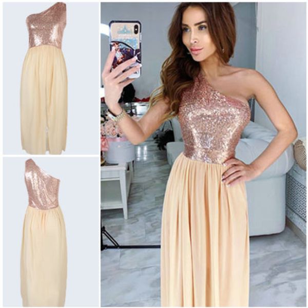 

champagne dress women one shoulder sequined high split dress clubwear evening party prom summer lady short, Black;gray