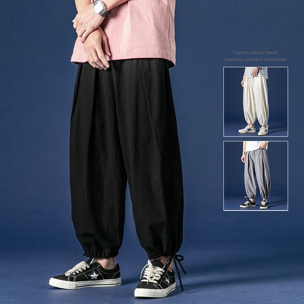 

han edition tide summer thin type of cotton linen trousers men sport nine minutes of pants straight loose beam foot leisure trou, Black